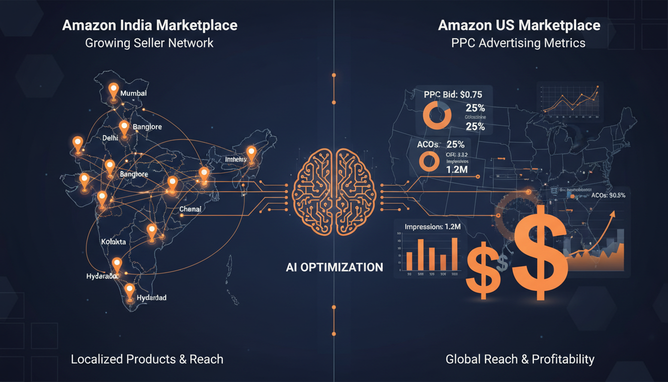 Amazon shopping India and Amazon Seller Central US marketplace advertising comparison with AI bidding