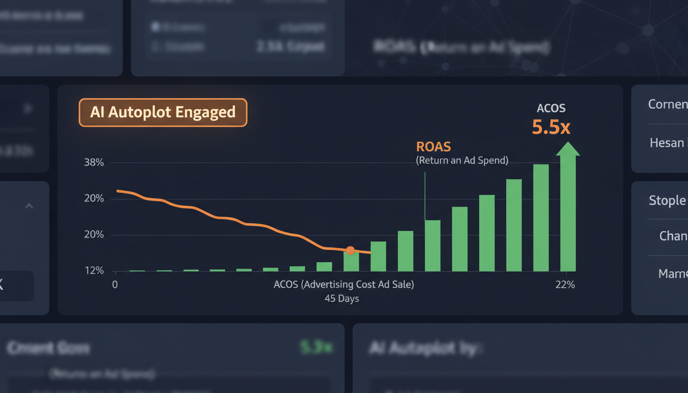 Amazon PPC ACoS reduction dashboard showing AI bid optimization results for Amazon India and US sellers