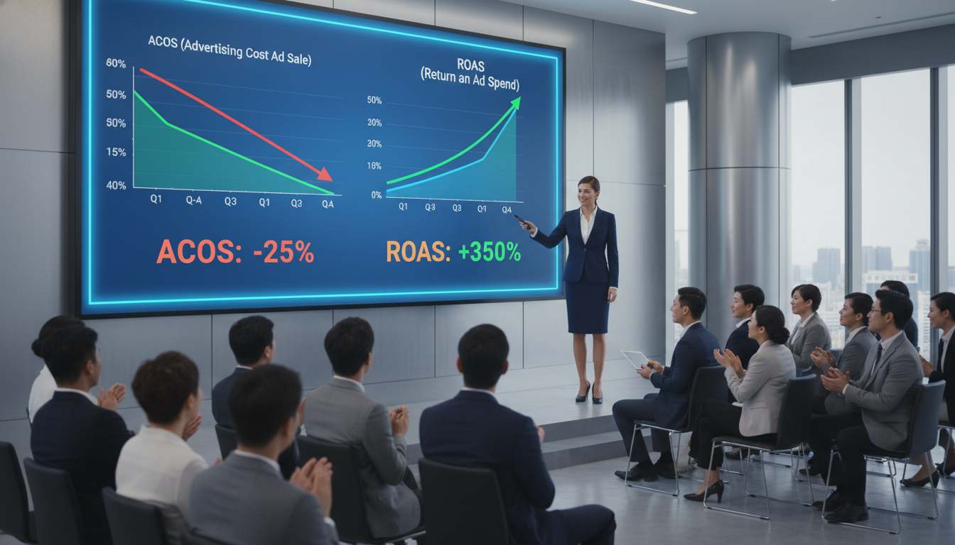 ACoS drop and ROAS growth chart from AI advertising platform implementation