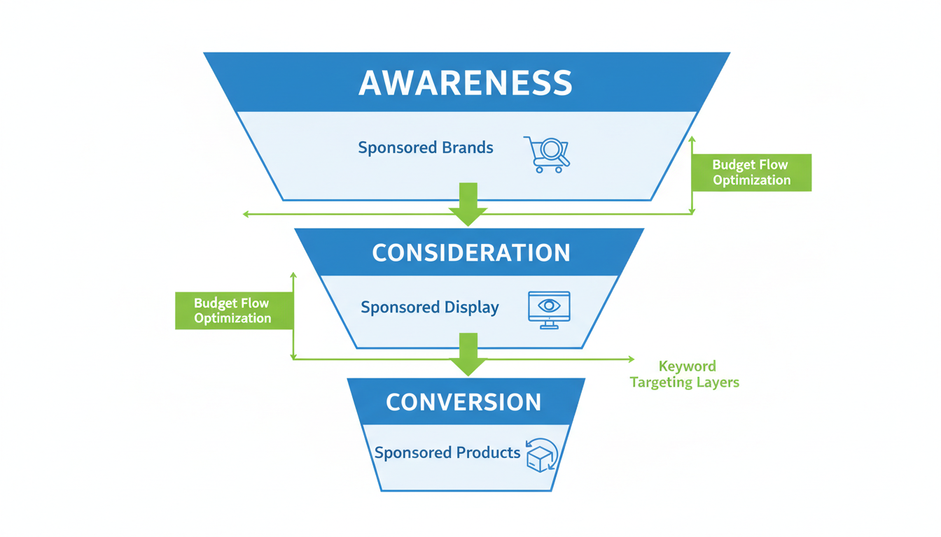 Amazon advertising campaign funnel showing Sponsored Products, Sponsored Brands, and Sponsored Display strategy layers