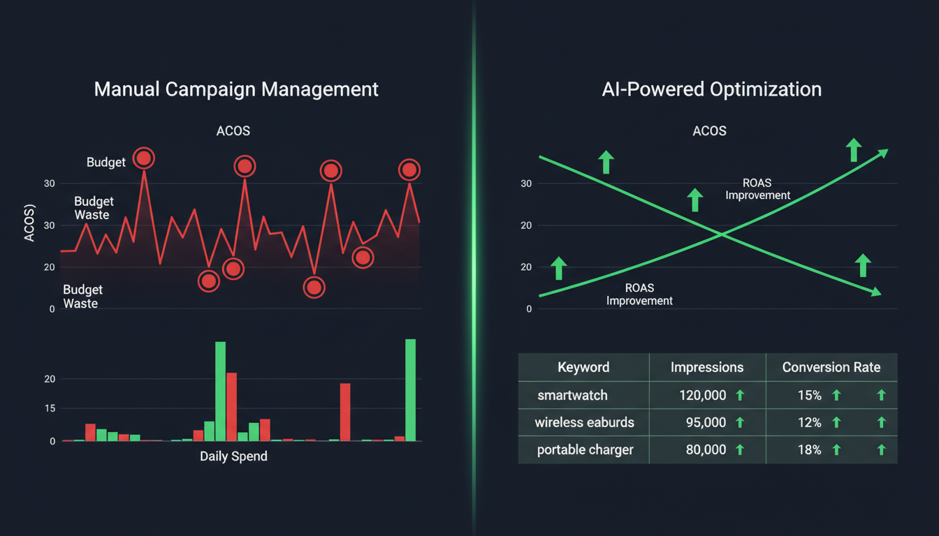Comparison of manual vs AI-powered Amazon advertising campaign management showing ACoS and ROAS improvement