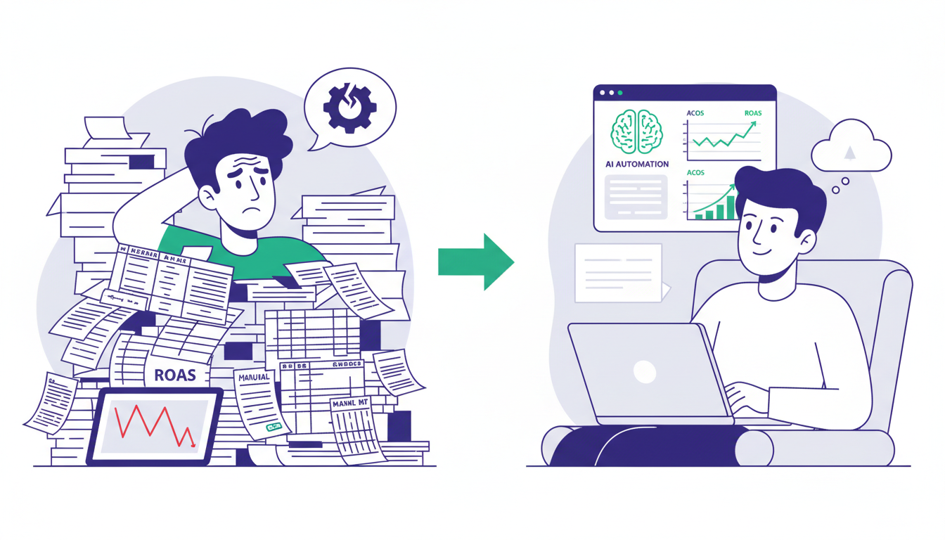 Comparison of manual Amazon PPC management versus AI-powered ad automation showing improved ACoS and ROAS
