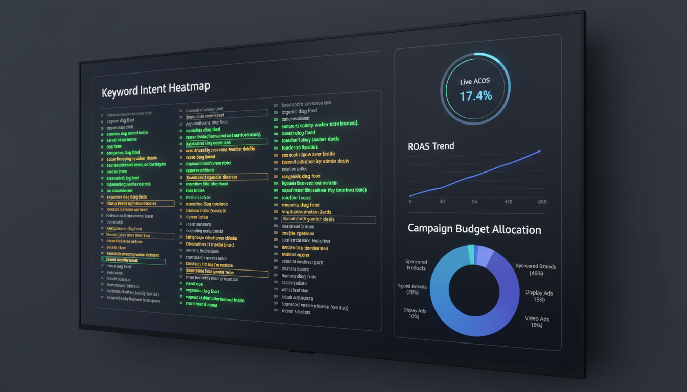 AI advertising platform dashboard showing Amazon PPC campaign optimization metrics including ACoS, ROAS, and keyword intent heatmap
