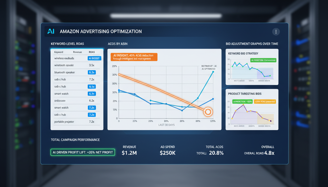 AI-powered Amazon PPC optimization dashboard showing real-time bid adjustments, ROAS by ASIN, and keyword-level performance analytics