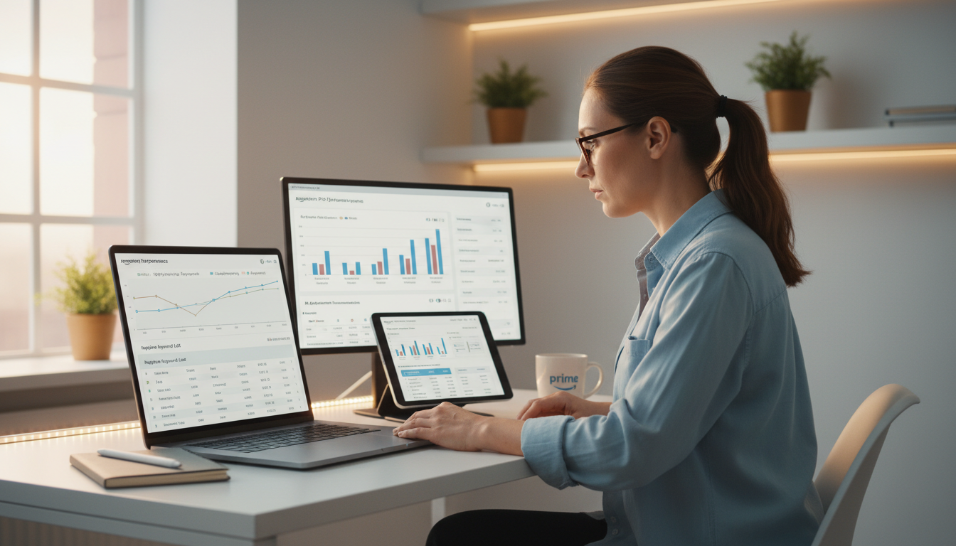 Amazon brand manager reviewing AI PPC campaign performance and keyword optimization reports