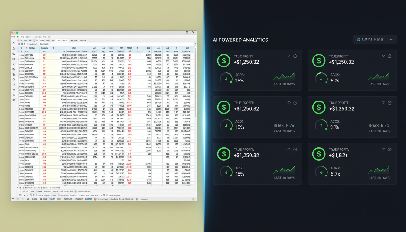 Comparison of manual Amazon advertising spreadsheet versus AI-powered True Profit per ASIN analytics dashboard