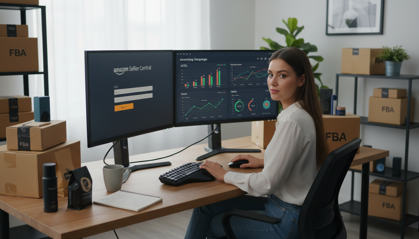 Amazon seller logging into Seller Central dashboard to manage automatic ads and track best seller performance metrics