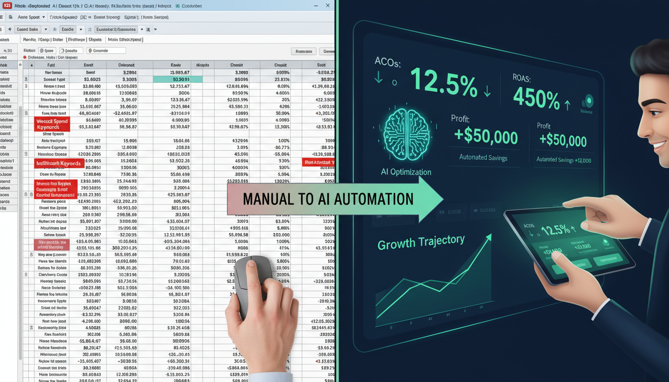 Comparison of manual Amazon advertising management versus AI-powered automatic ads optimization showing ACoS reduction and ROAS improvement