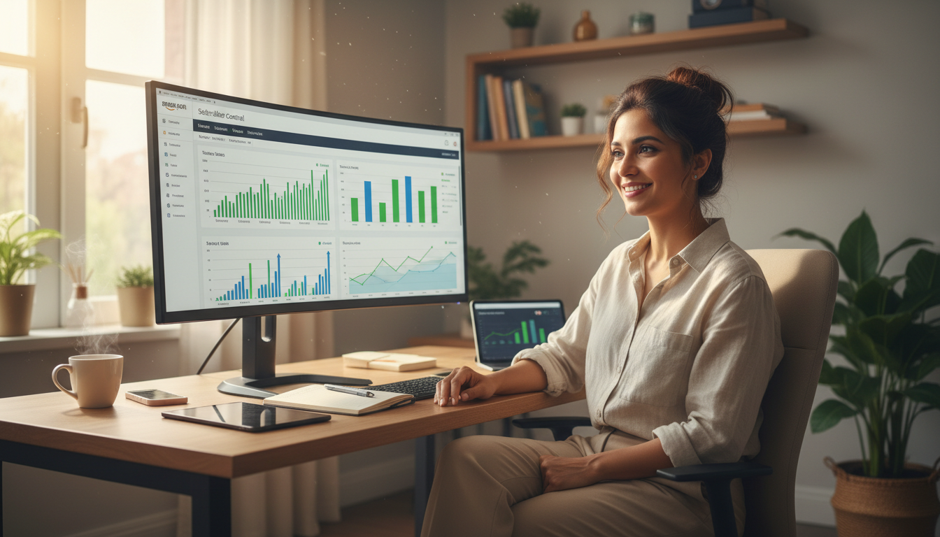 Indian D2C brand seller reviewing Amazon Seller Central India dashboard with rising sales trends on monitor