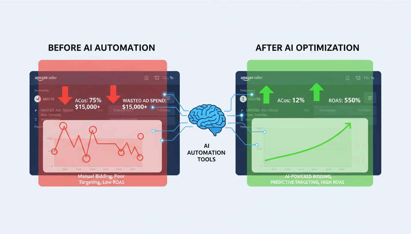 Amazon seller dashboard comparison showing high ACoS vs optimized ROAS metrics after applying AI-powered digital marketing tools for Amazon Seller Central India