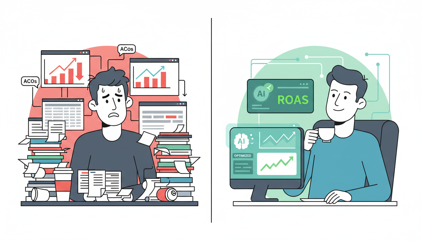 AI-powered brand advertising optimization versus manual ad management showing ROAS improvement
