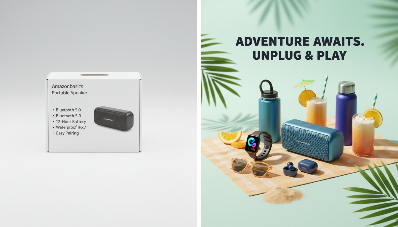 Comparison of generic Amazon product advertising creative versus AI-generated high-converting brand ad for ecommerce