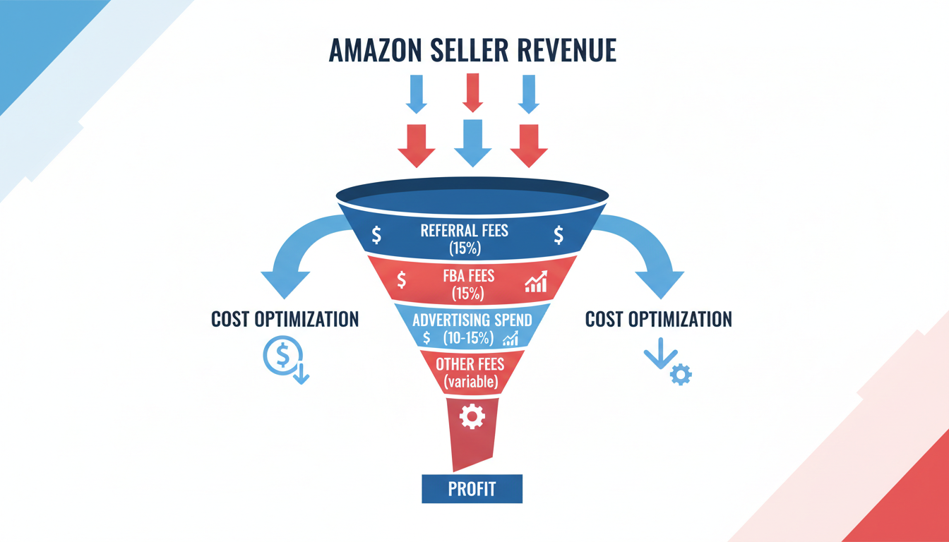 Infographic breaking down Amazon seller costs including FBA fees, referral fees, and PPC ad spend percentages