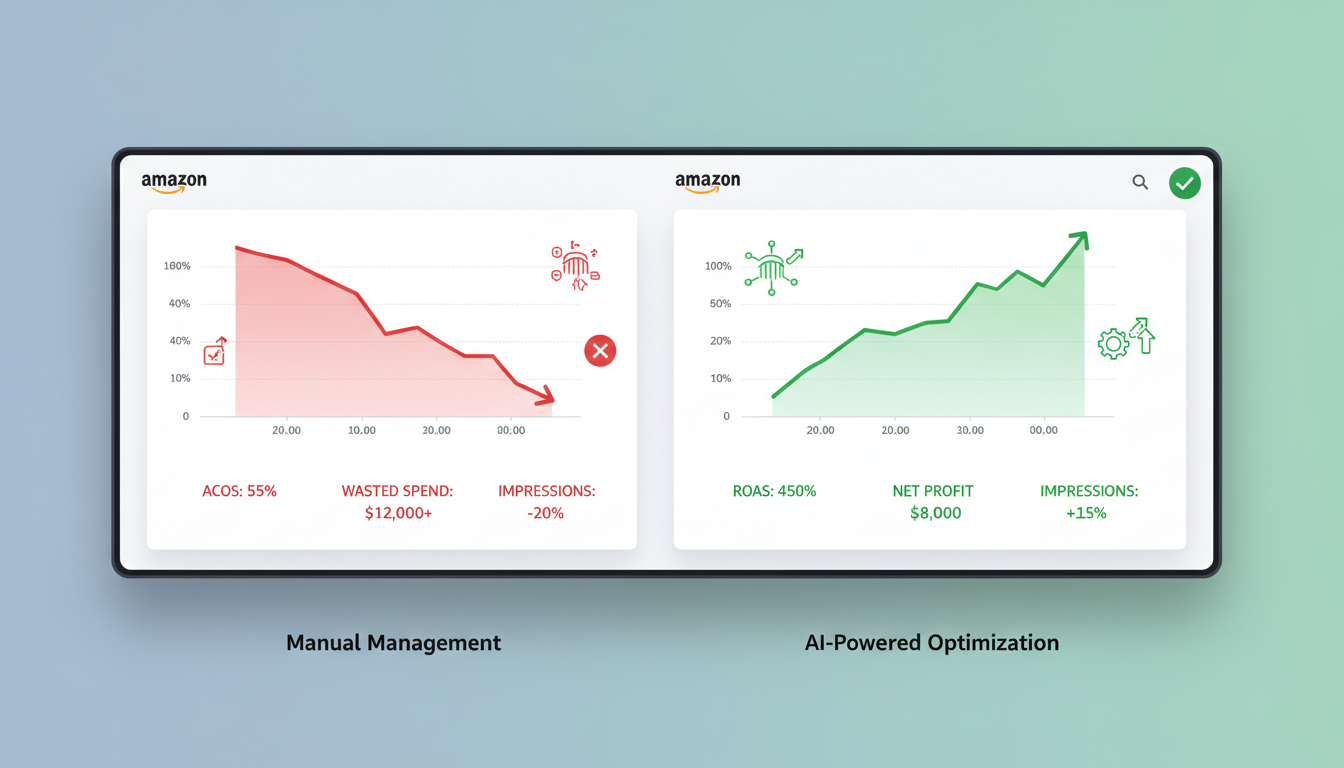 Comparison of manual vs AI-powered Amazon PPC management showing ACoS reduction and ROAS improvement for Amazon seller cost optimization
