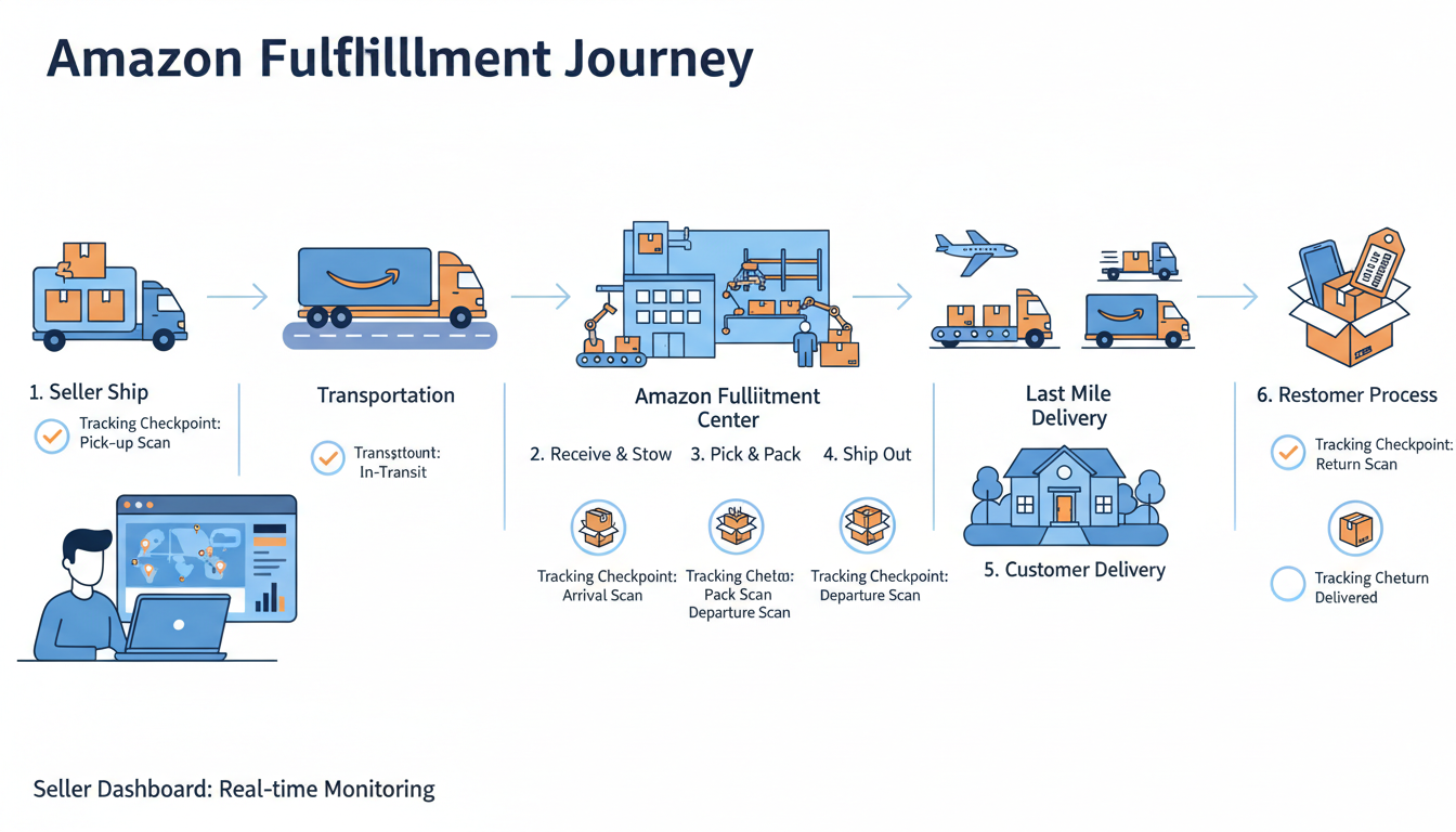 Amazon fulfillment journey infographic showing amazon track my shipment checkpoints and LPN barcode returns process
