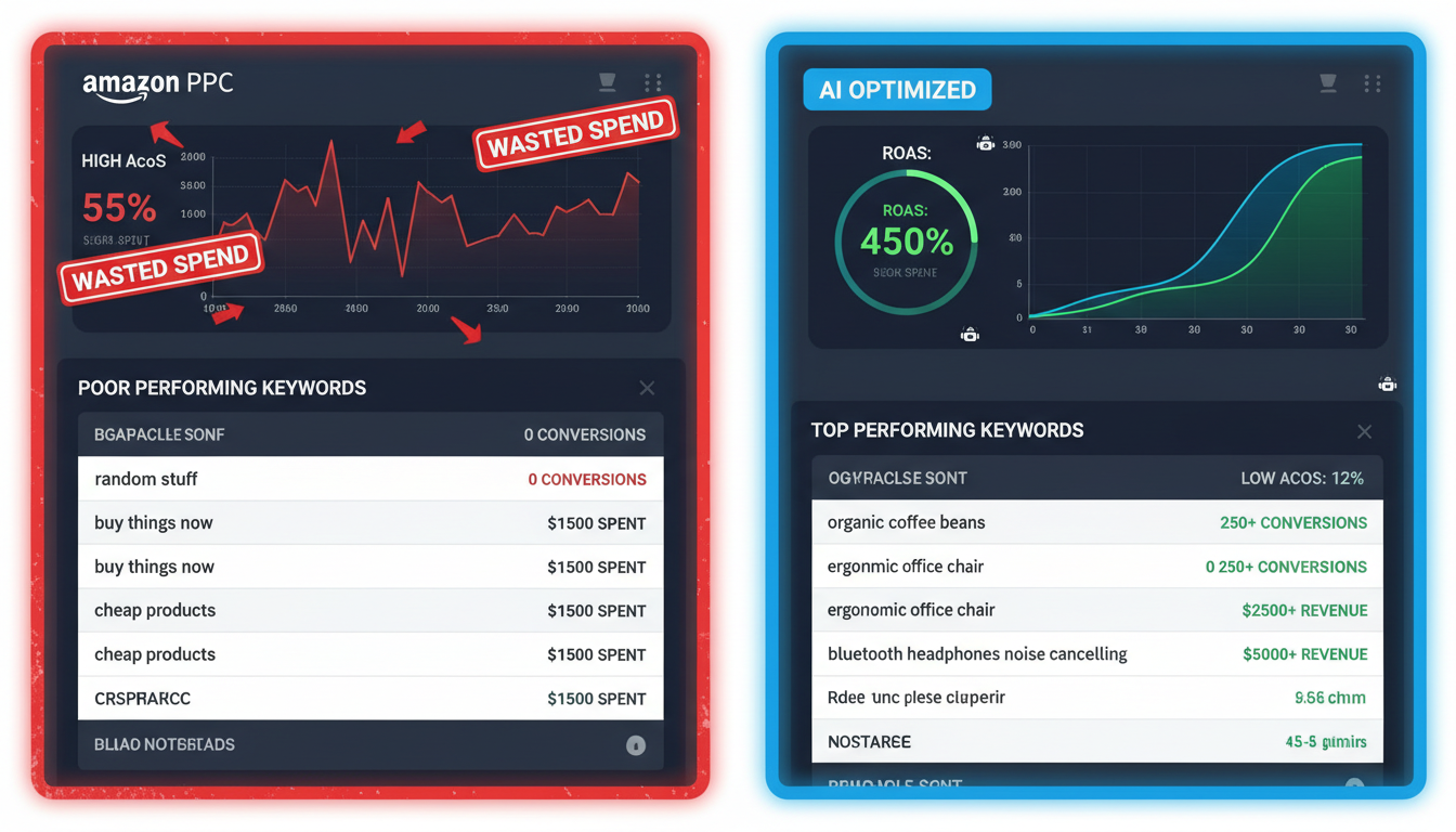 Amazon PPC campaign comparison showing pay for ads optimization with ACoS reduction and ROAS improvement using AI tools