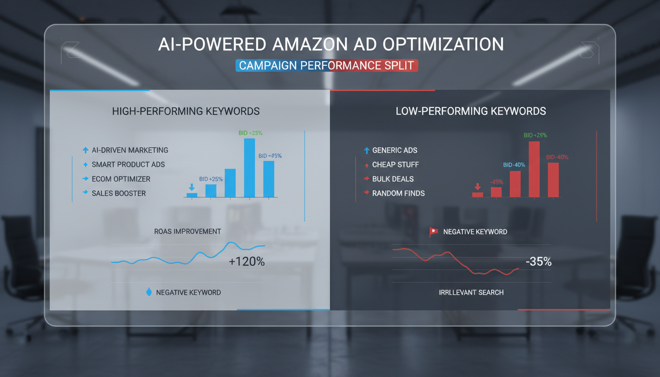 AI advertising campaign optimization dashboard showing automated keyword management and ROAS improvement for Amazon PPC