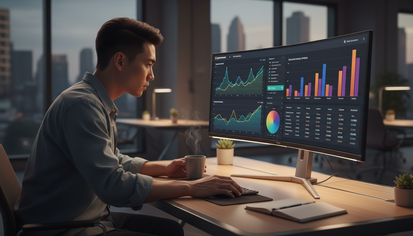 Amazon seller analyzing AI advertising campaign data on a dashboard with keyword performance and ROAS metrics