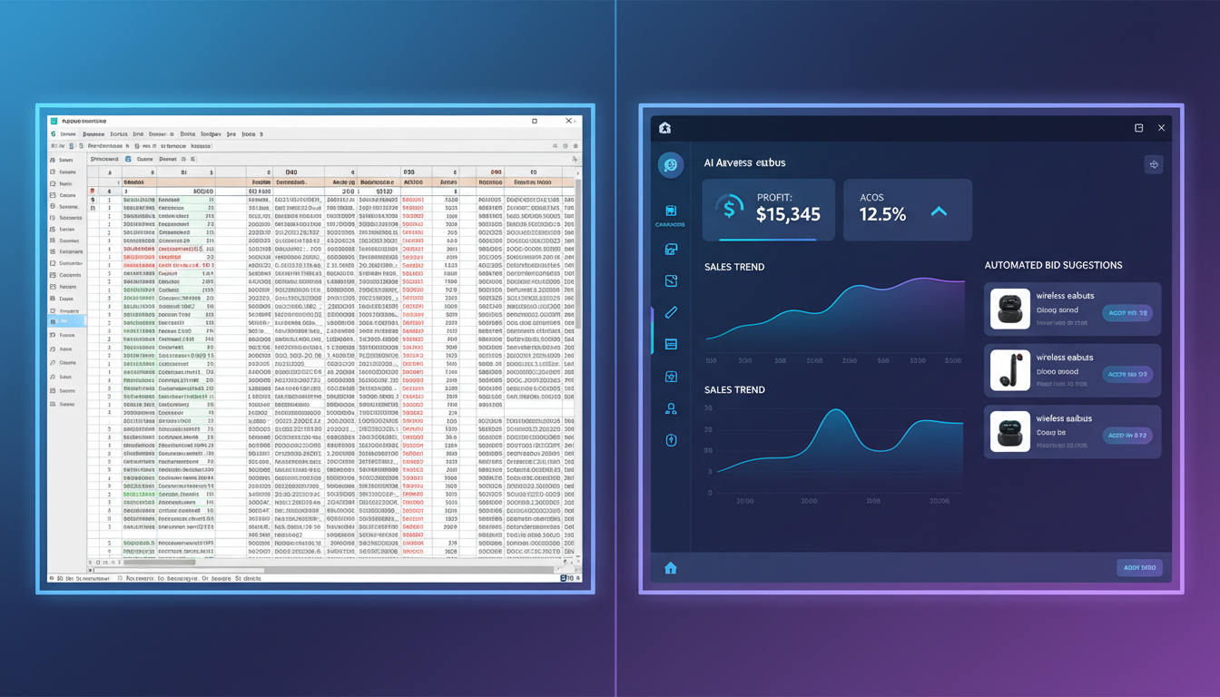 Comparison of manual Amazon PPC management spreadsheet versus AI-powered advertising automation platform with real-time metrics
