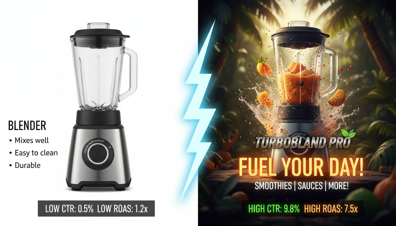 Comparison of standard Amazon ad creative versus AI-generated ad creative showing improved CTR and ROAS performance