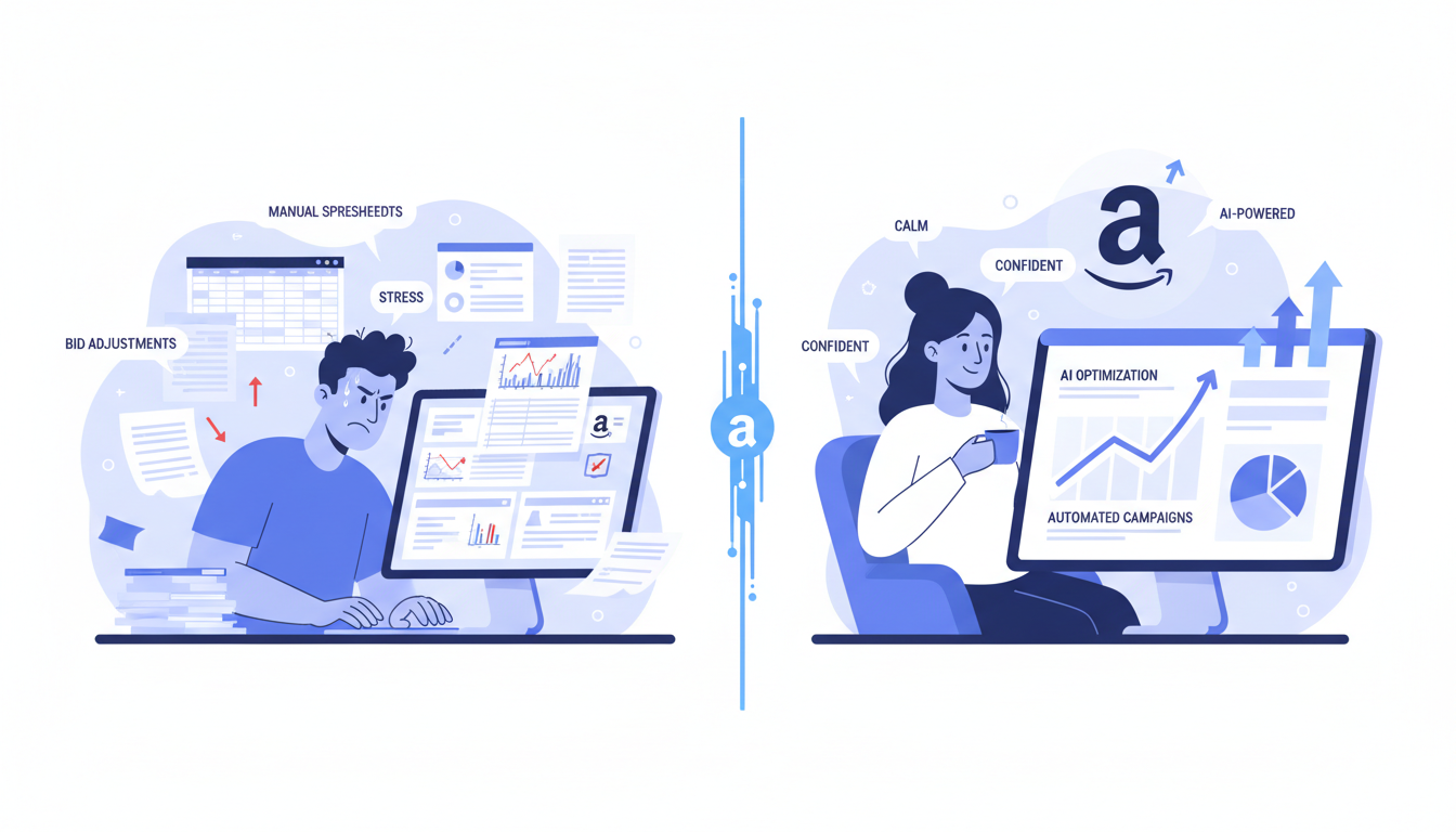 Comparison of manual Amazon PPC management versus AI-powered ad campaign automation showing time and cost savings