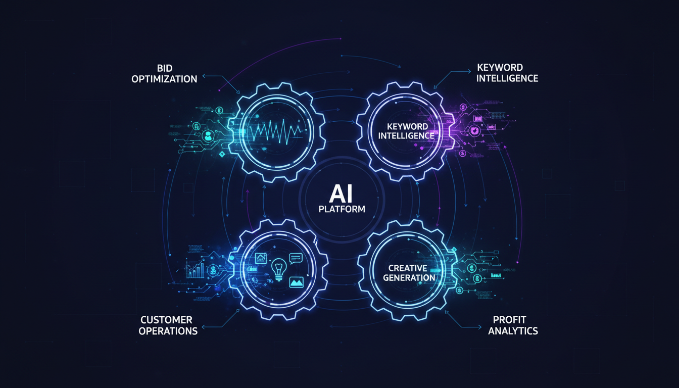 AI Amazon advertising platform modules showing bid optimization, keyword intelligence, creative generation and profit analytics working together