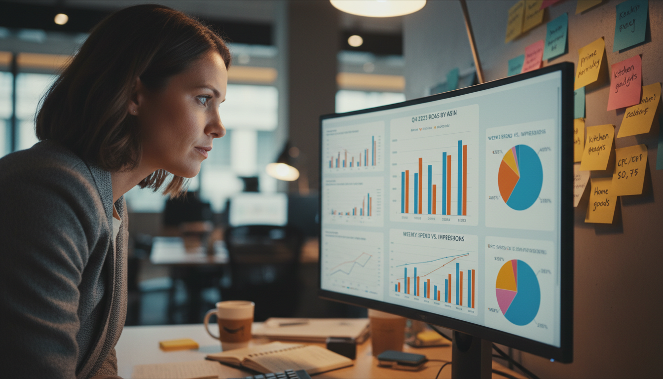 Amazon seller reviewing PPC campaign optimization and Amazon advertising strategy metrics on a monitor