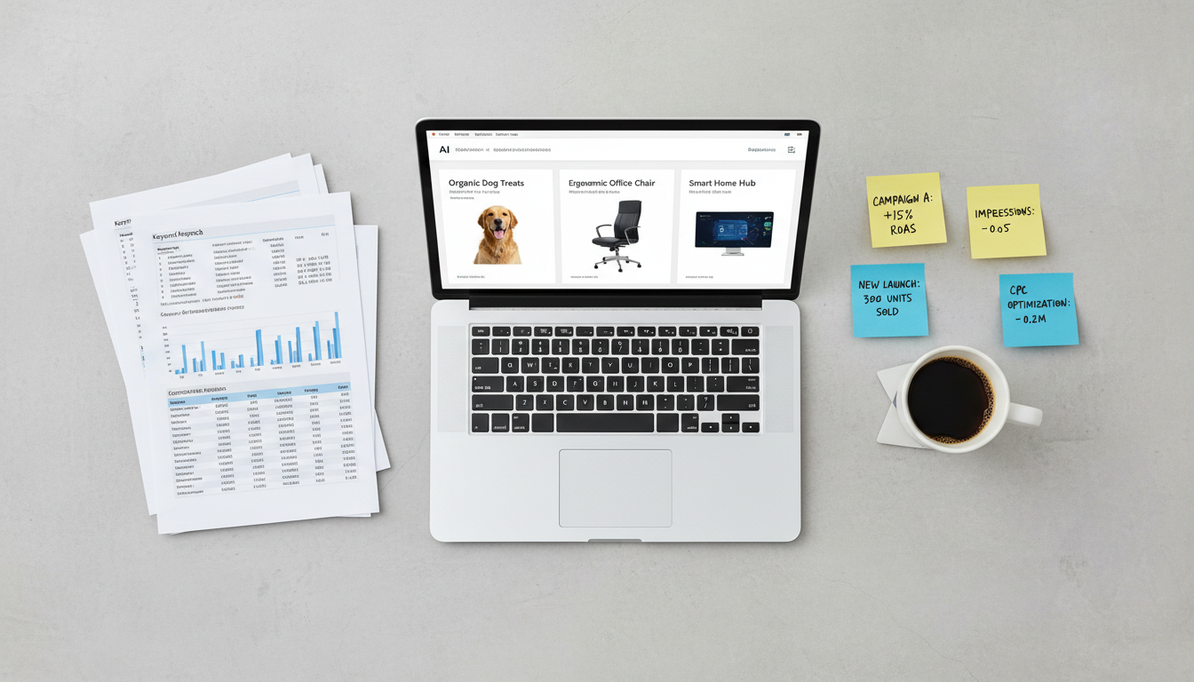Amazon advertising campaign management workspace showing AI ad creative tools and PPC keyword strategy documents