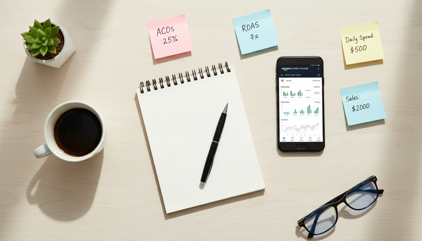 Amazon PPC campaign planning with ACoS and ROAS metrics on a seller's desk