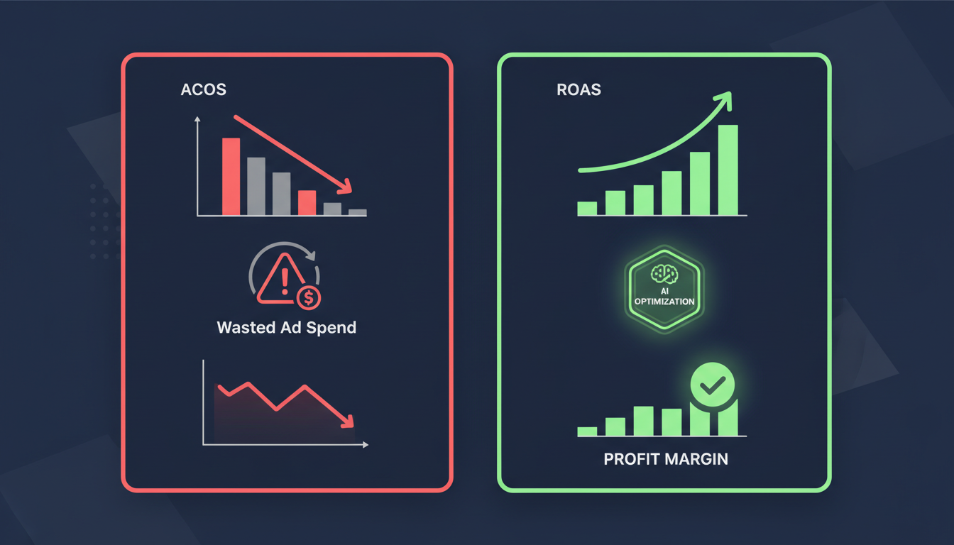 Comparison of poor Amazon PPC campaign management versus AI-optimized advertising strategy showing ACoS and ROAS improvement