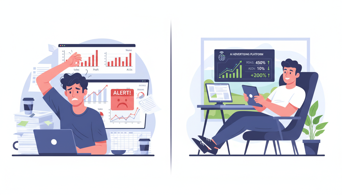 Amazon seller comparing manual PPC management versus AI-powered ad optimization platform for better ACoS and ROAS