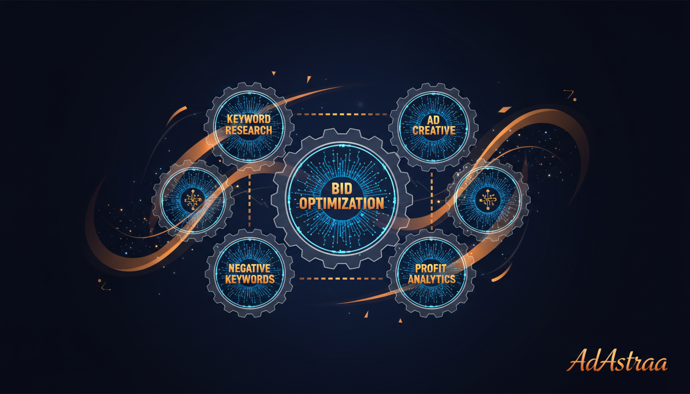 AI-powered Amazon advertising strategy framework showing five key pillars of PPC optimization including bid management and keyword research