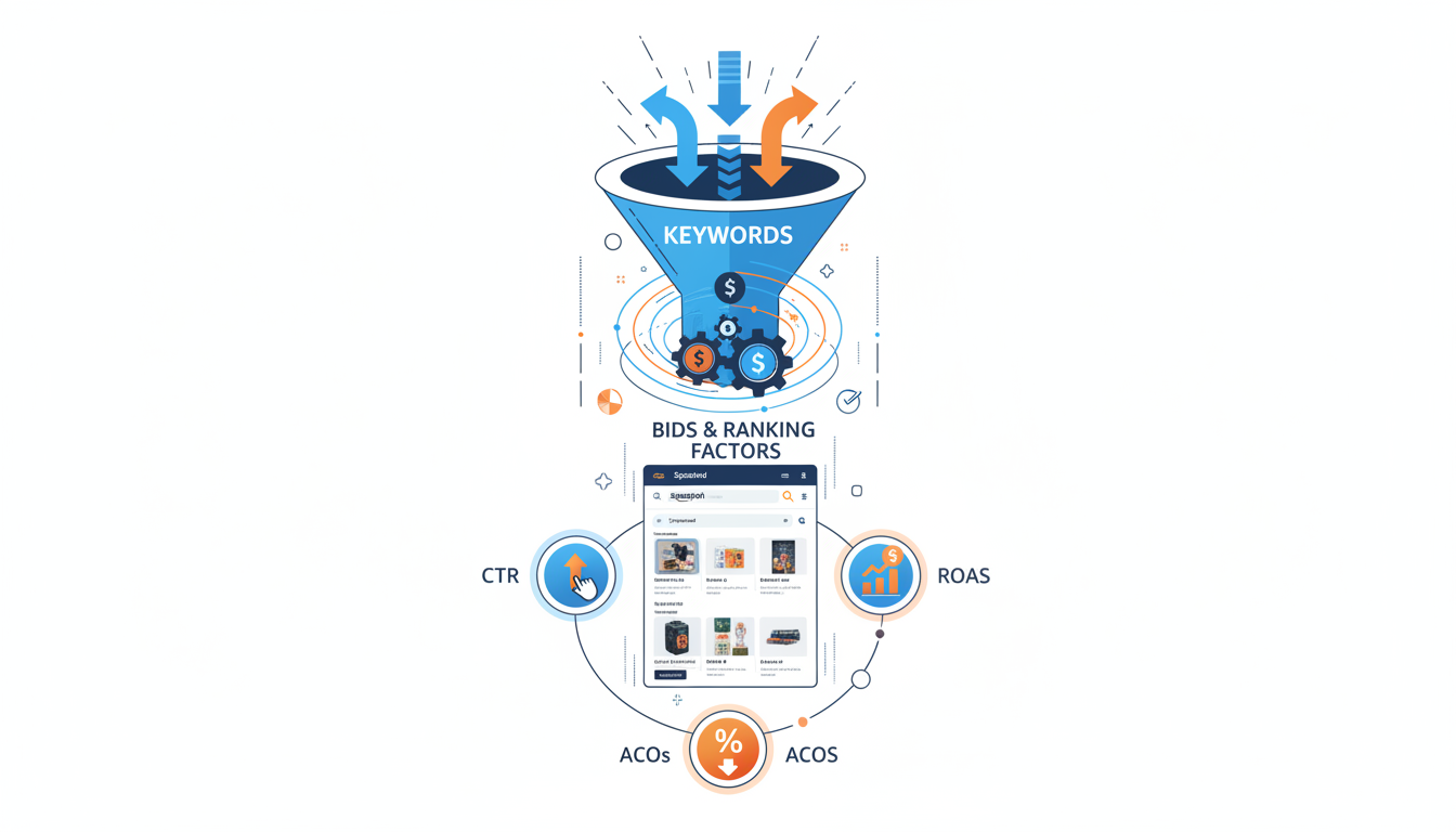 Infographic showing how Amazon pay-per-click advertising auction and bidding process works