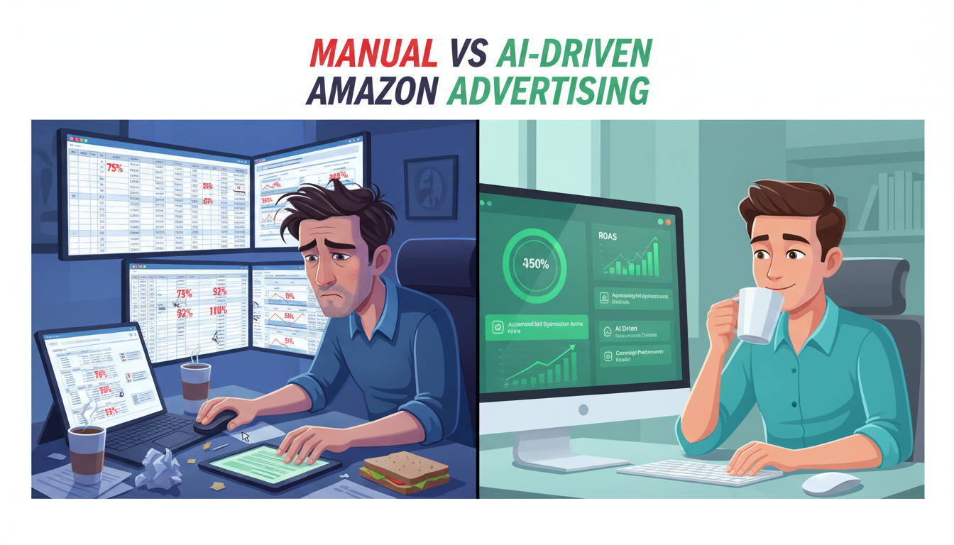 Comparison of manual versus AI-powered Amazon pay-per-click advertising bid optimization