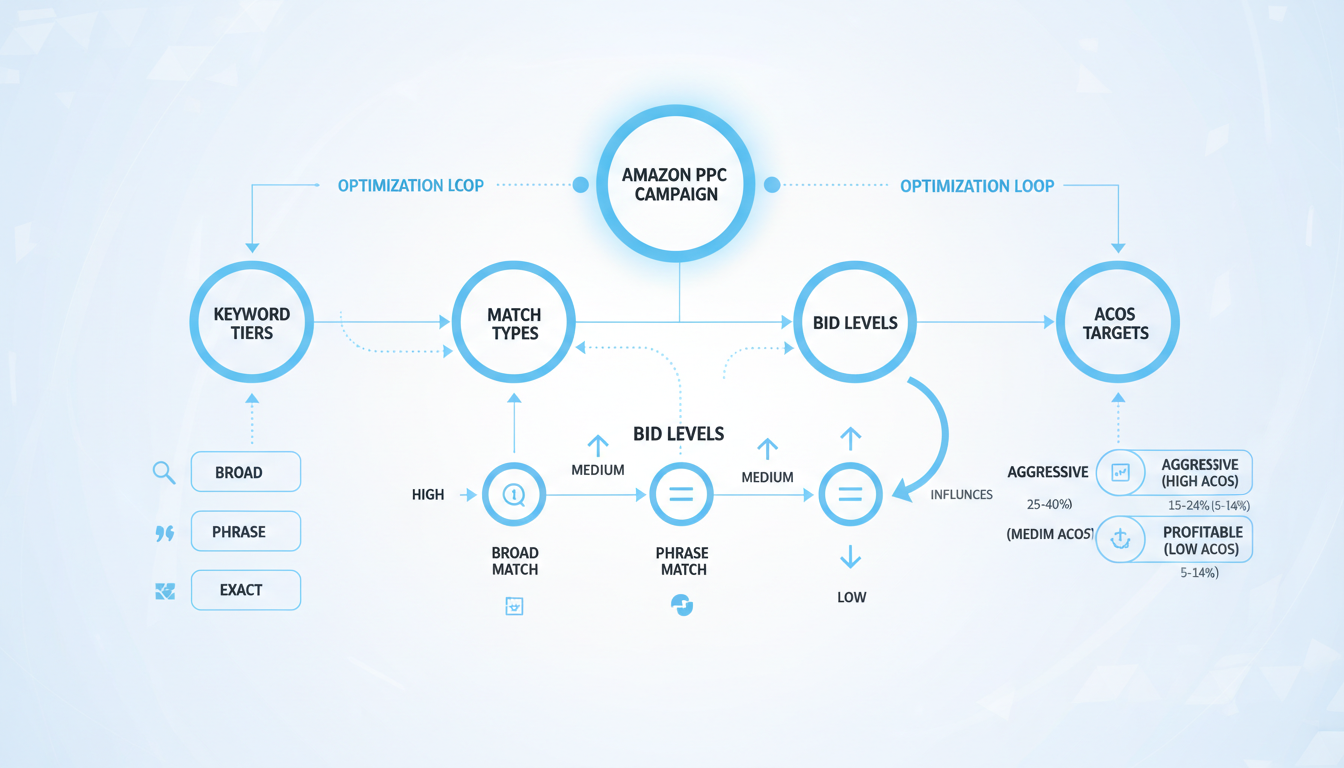 Infographic illustrating the structure of an Amazon pay per click campaign including match types and bid strategy