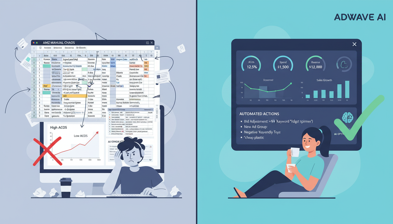 Comparison of manual Amazon PPC management versus AI-powered ad campaign automation showing improved ACoS