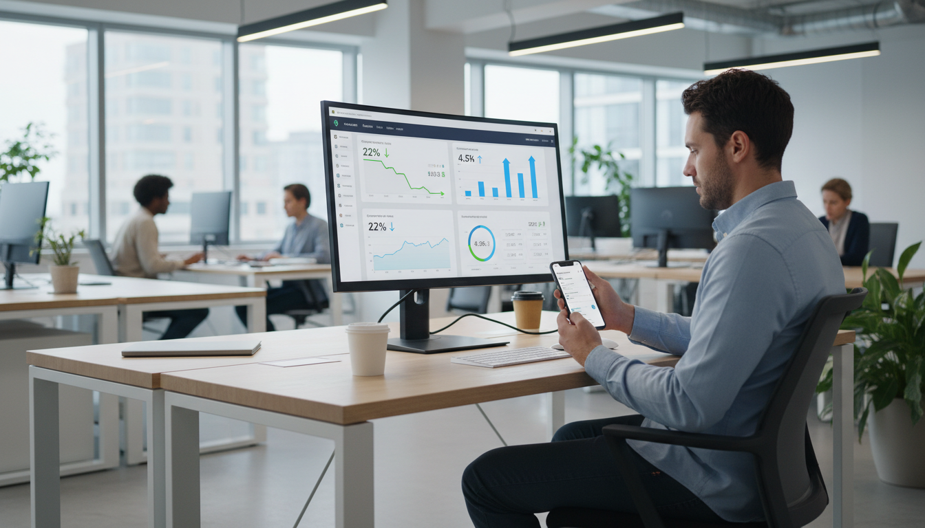 Amazon seller monitoring PPC ads performance on mobile app and desktop dashboard in real time
