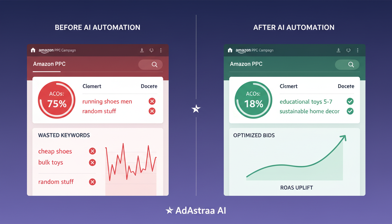 Before and after comparison of Amazon PPC ads performance showing ACoS reduction and ROAS improvement through AI automation
