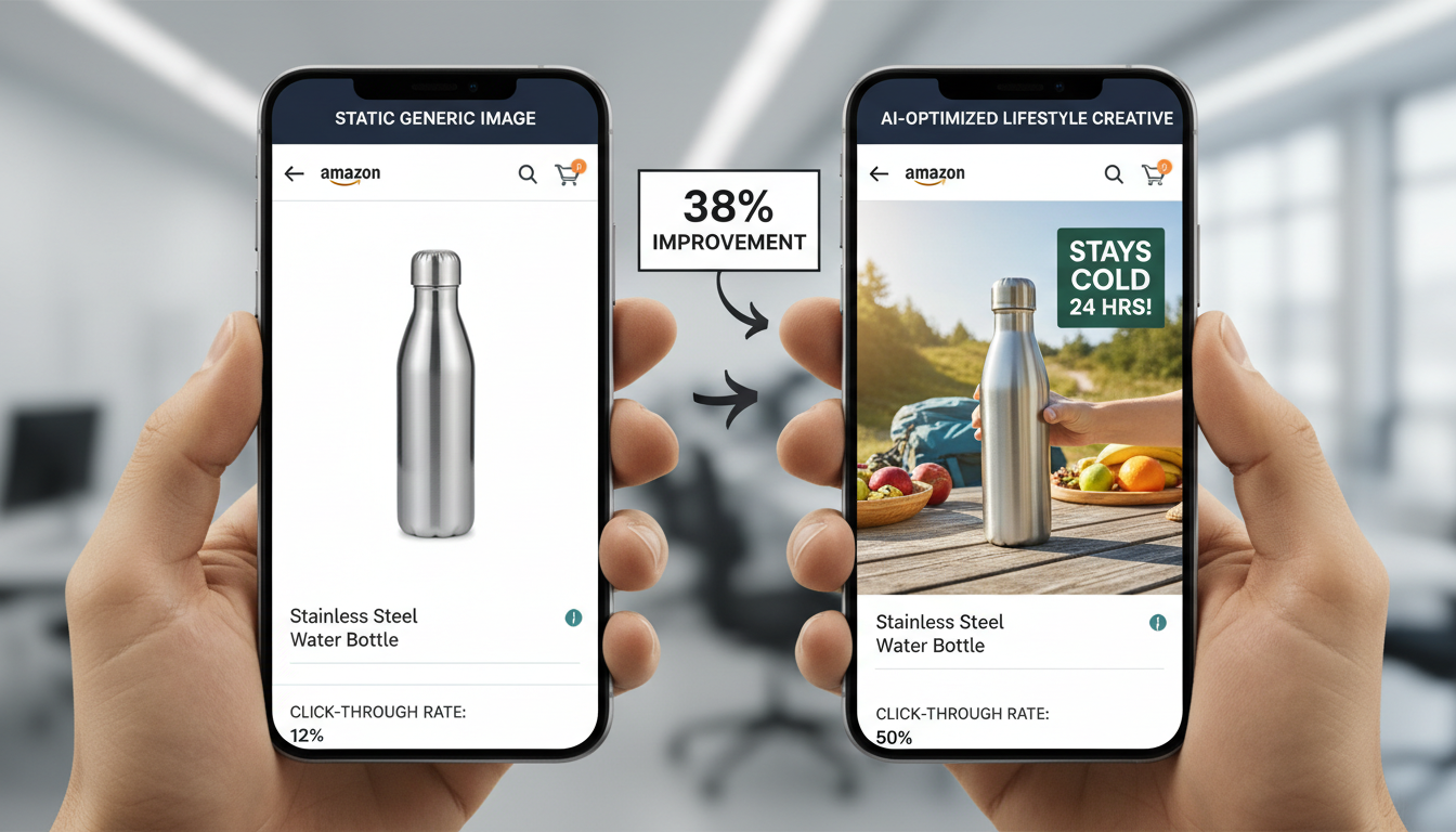 AI-generated Amazon ad creative versus standard product image showing improved click-through rate for Amazon seller sales