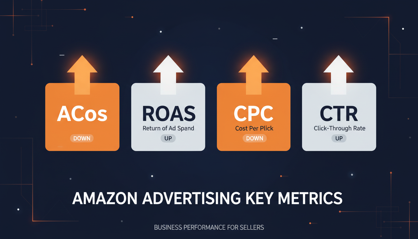 Amazon business advertising key metrics including ACoS, ROAS, CPC and CTR for seller growth