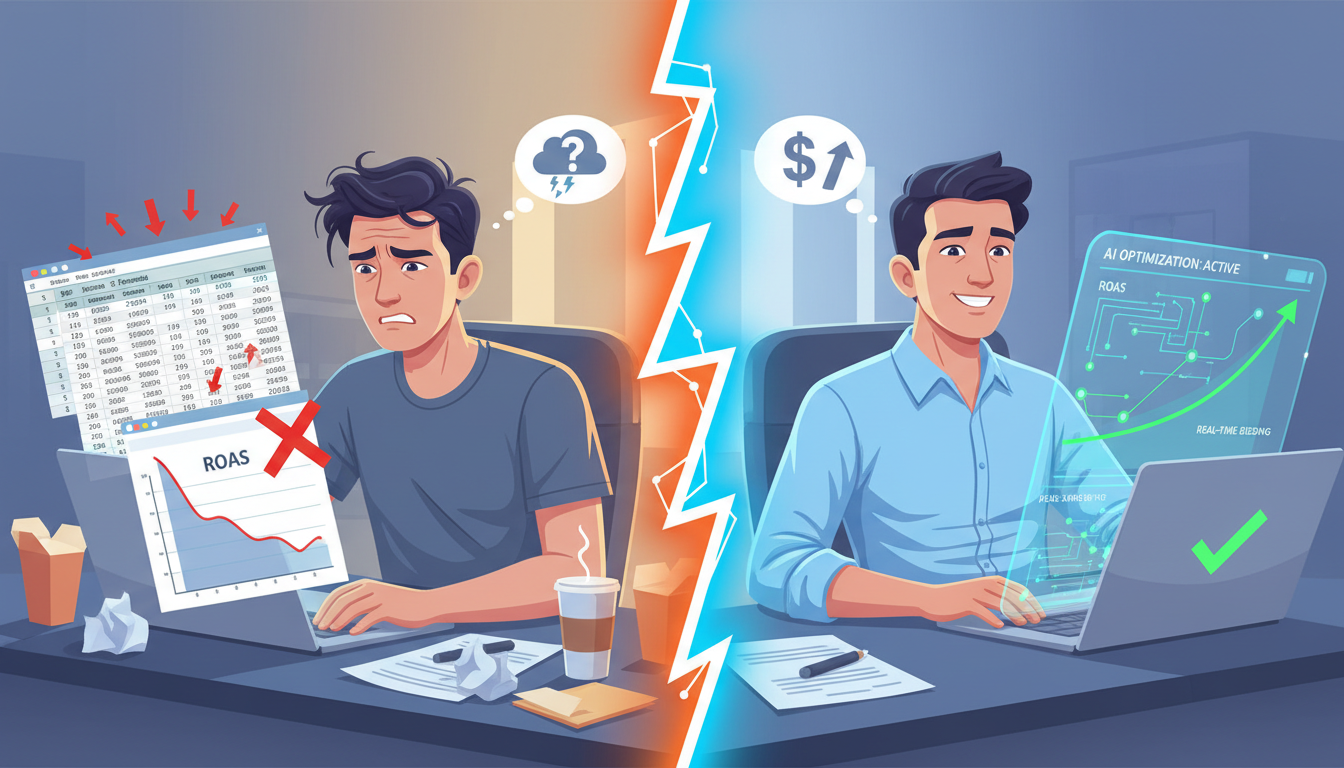 AI-powered Amazon ads for business automation versus manual bid management showing improved ROAS