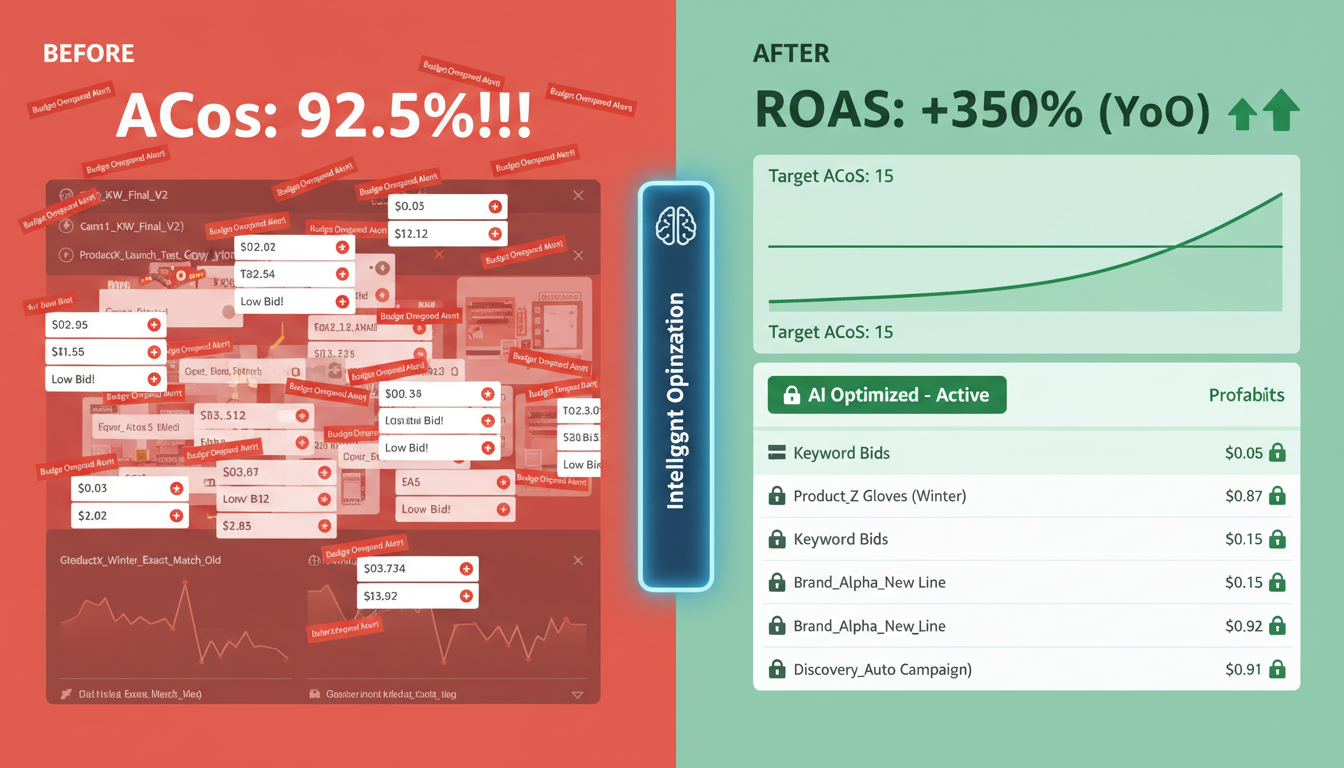 Before and after comparison of Amazon advertising campaign optimization showing ACoS improvement and ROAS growth