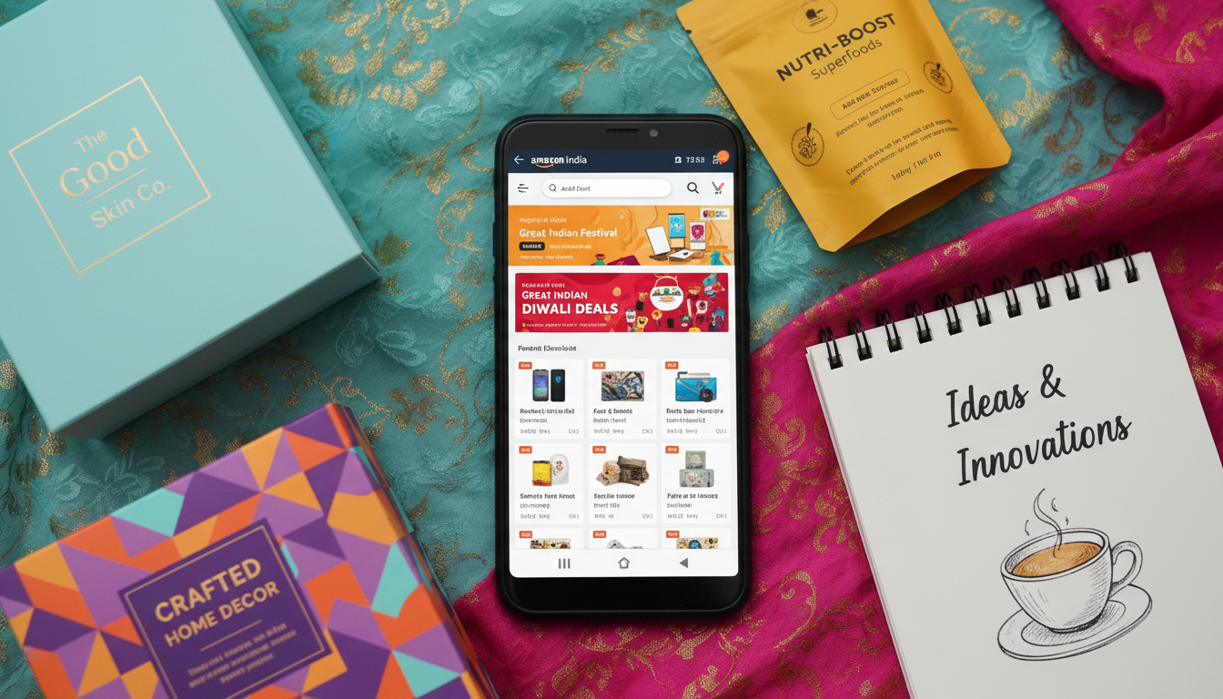 Amazon India shopping app on smartphone surrounded by D2C brand packaging — amazon shopping seller strategy