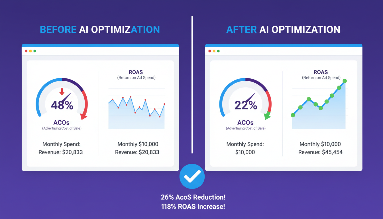 Amazon Seller Central advertising dashboard showing ACoS reduction and ROAS improvement after AI optimization for Amazon India seller