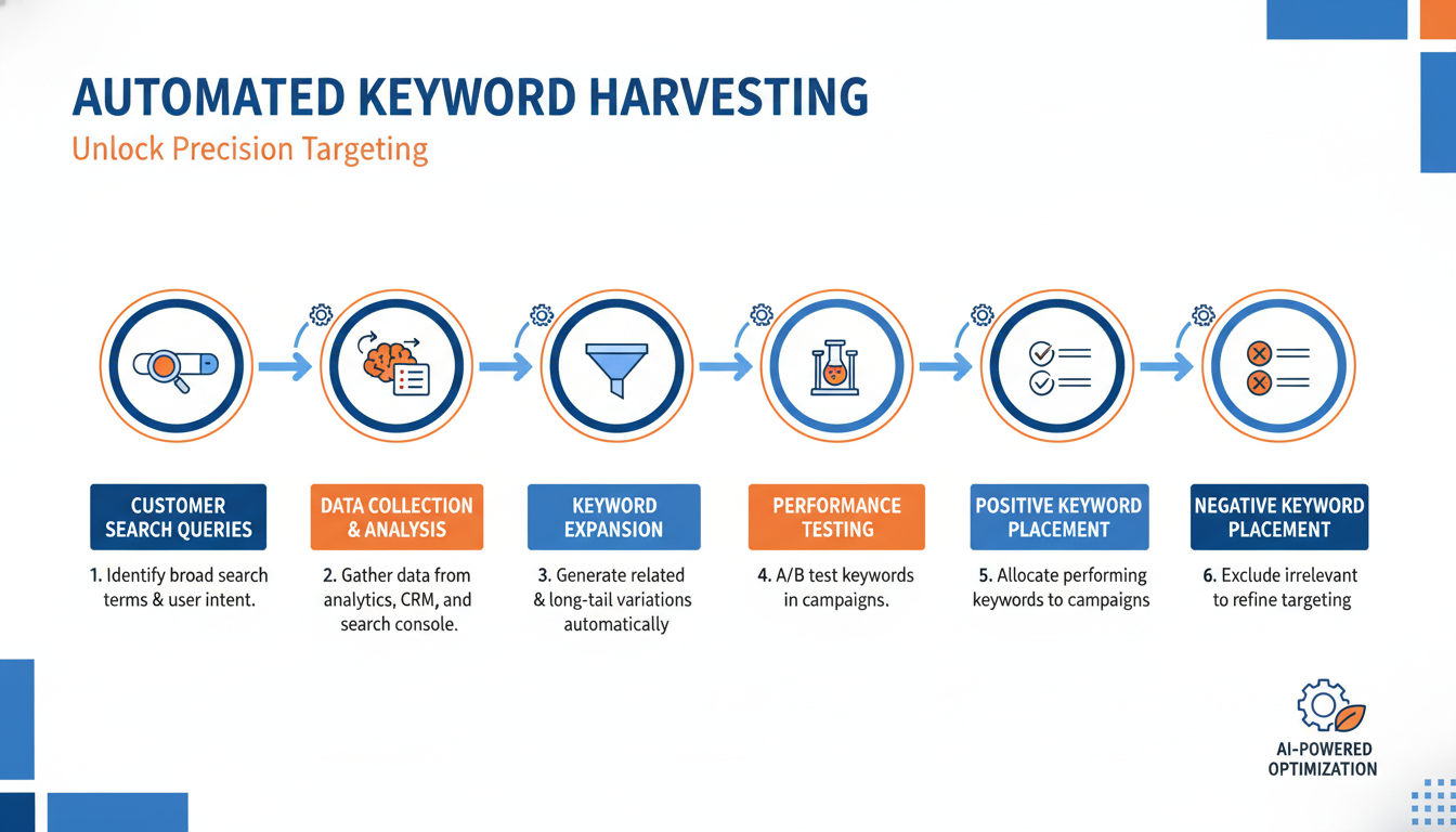 Infographic depicting automated keyword harvesting and negative keyword matching in Amazon PPC automation software