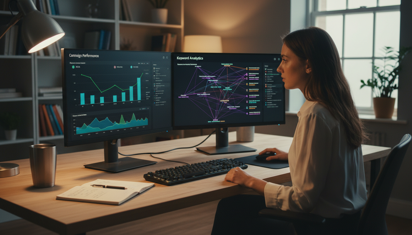 Amazon seller reviewing AI-powered advertising campaign performance metrics including ACoS and ROAS on dashboard