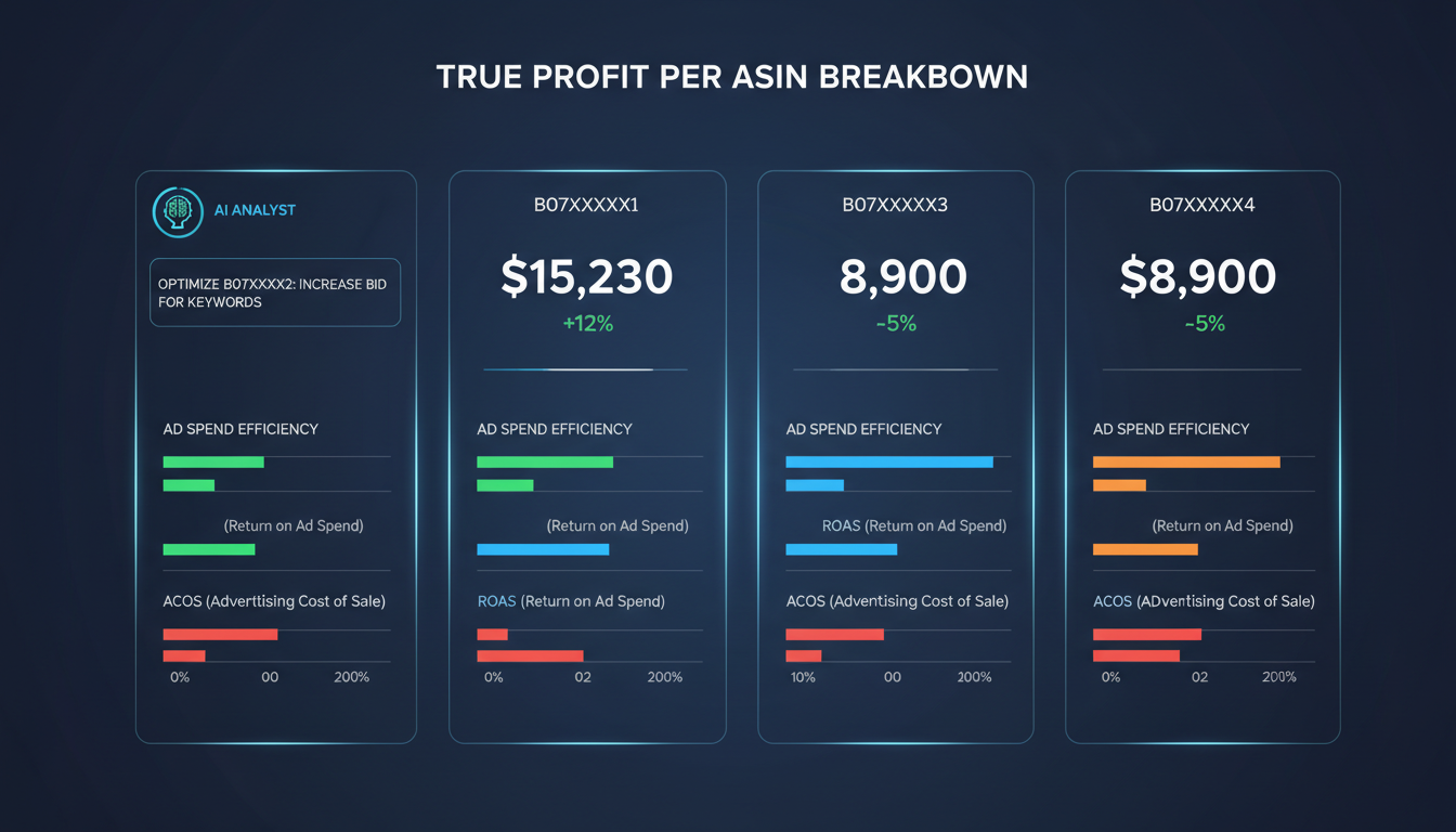 Amazon advertising campaign budget allocation dashboard showing True Profit Per ASIN and ROAS metrics powered by AI