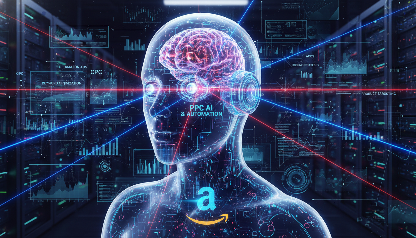 Digital AI brain processing Amazon advertising campaigns for real-time bid optimization.