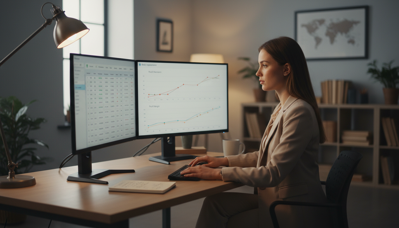 Amazon seller reviewing PPC campaign analytics and keyword performance data to optimize ad spend