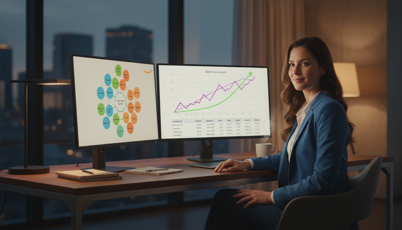 Amazon seller reviewing AI-powered PPC campaign optimization results on a dual-monitor setup